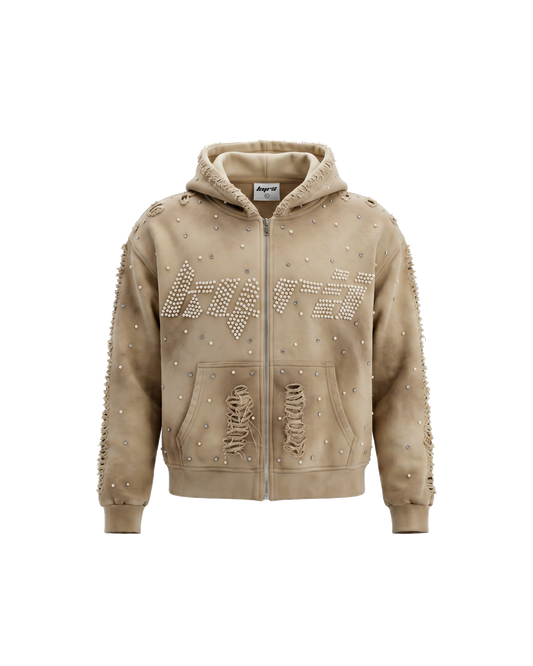Diamond Zip Up Hoodie — Tan