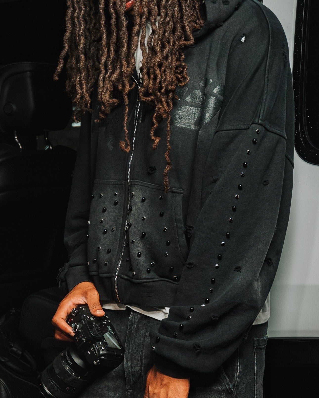 Diamond Zip Up Hoodie — Black